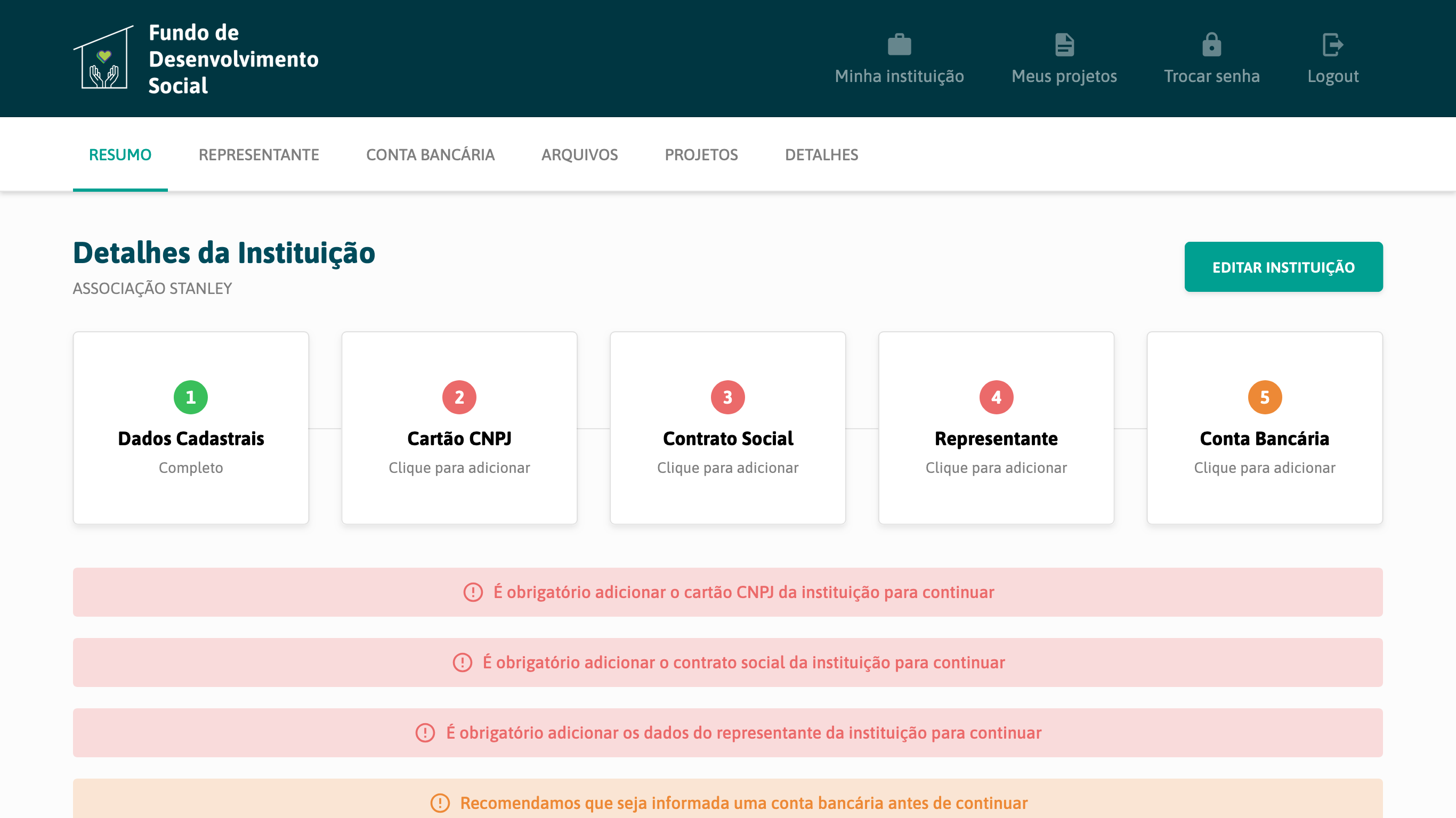 Tela inicial de uma nova instituição