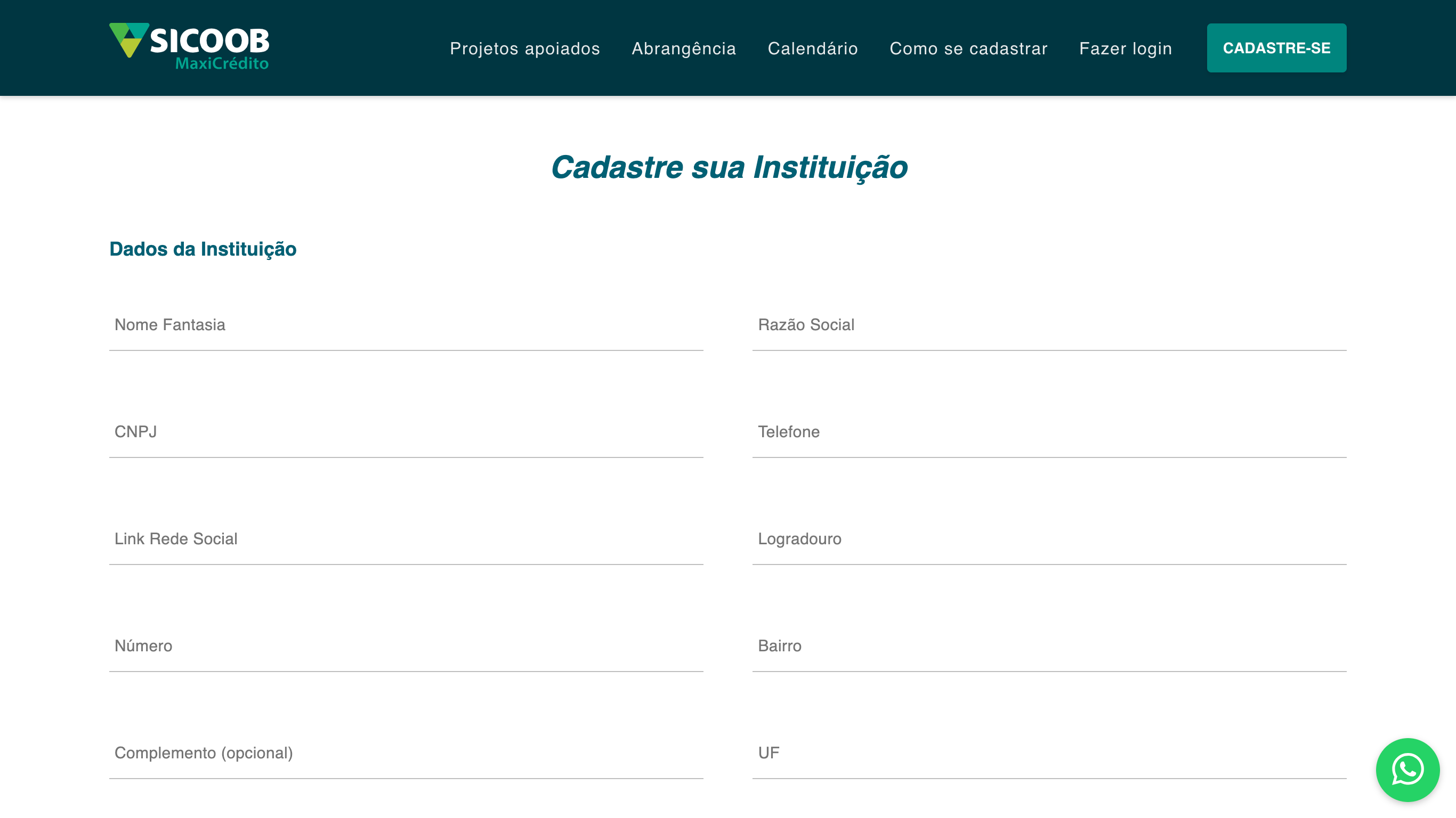 Formulário para cadastrar uma nova instituição