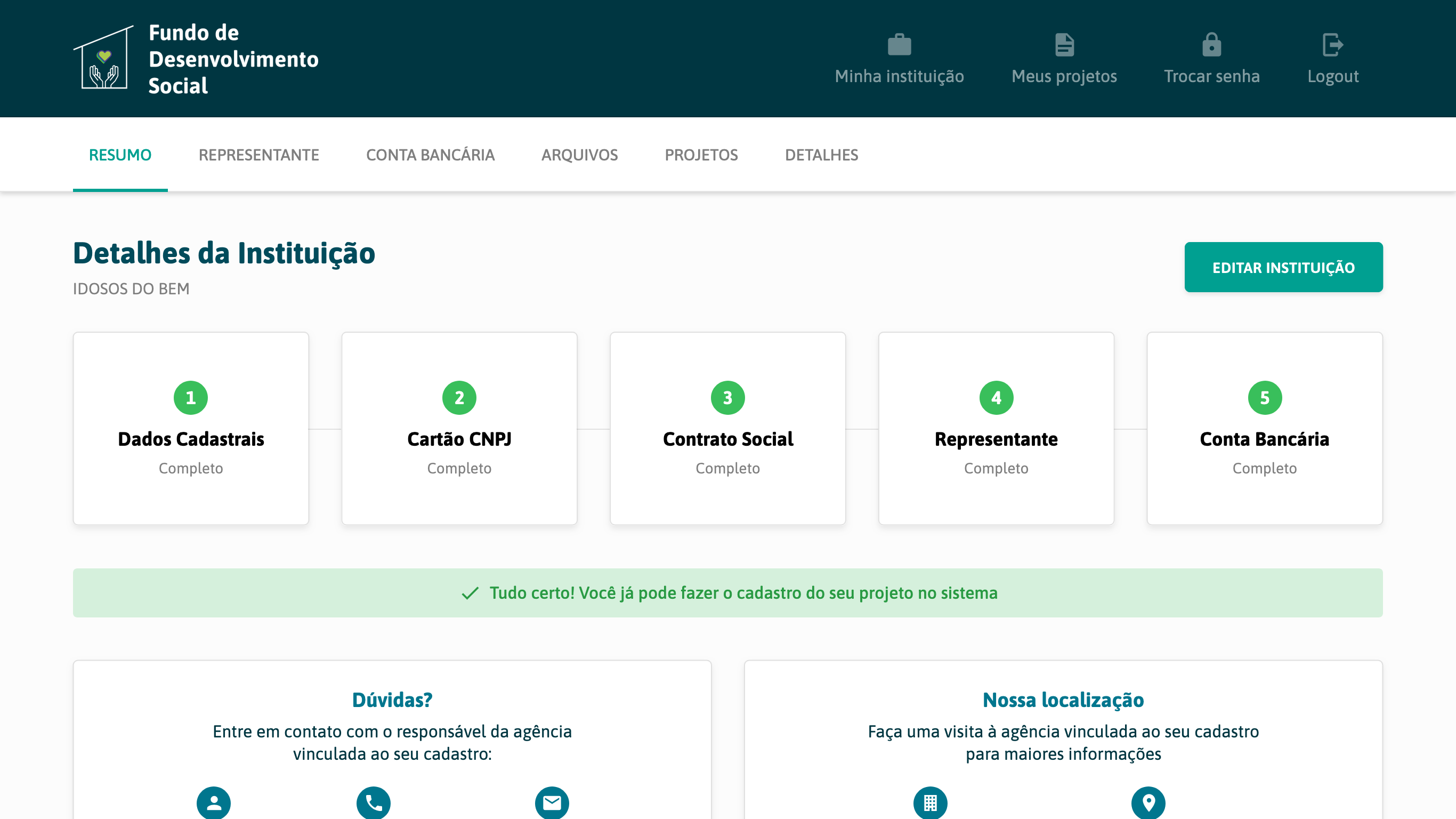 Tela inicial de uma instituição com cadastro completo