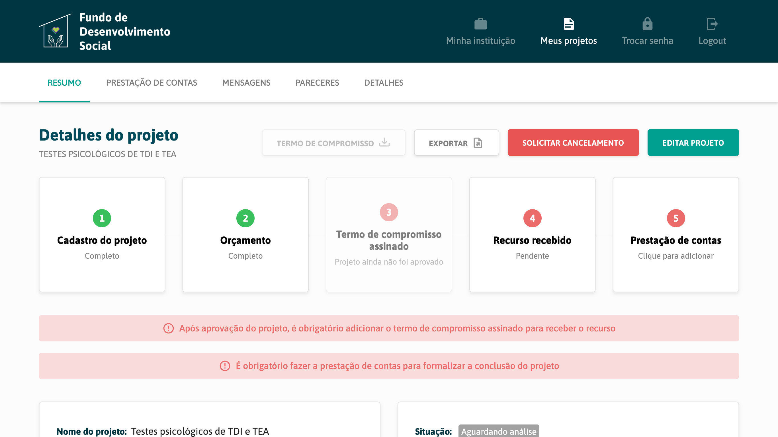 Tela de Detalhes de um projeto
