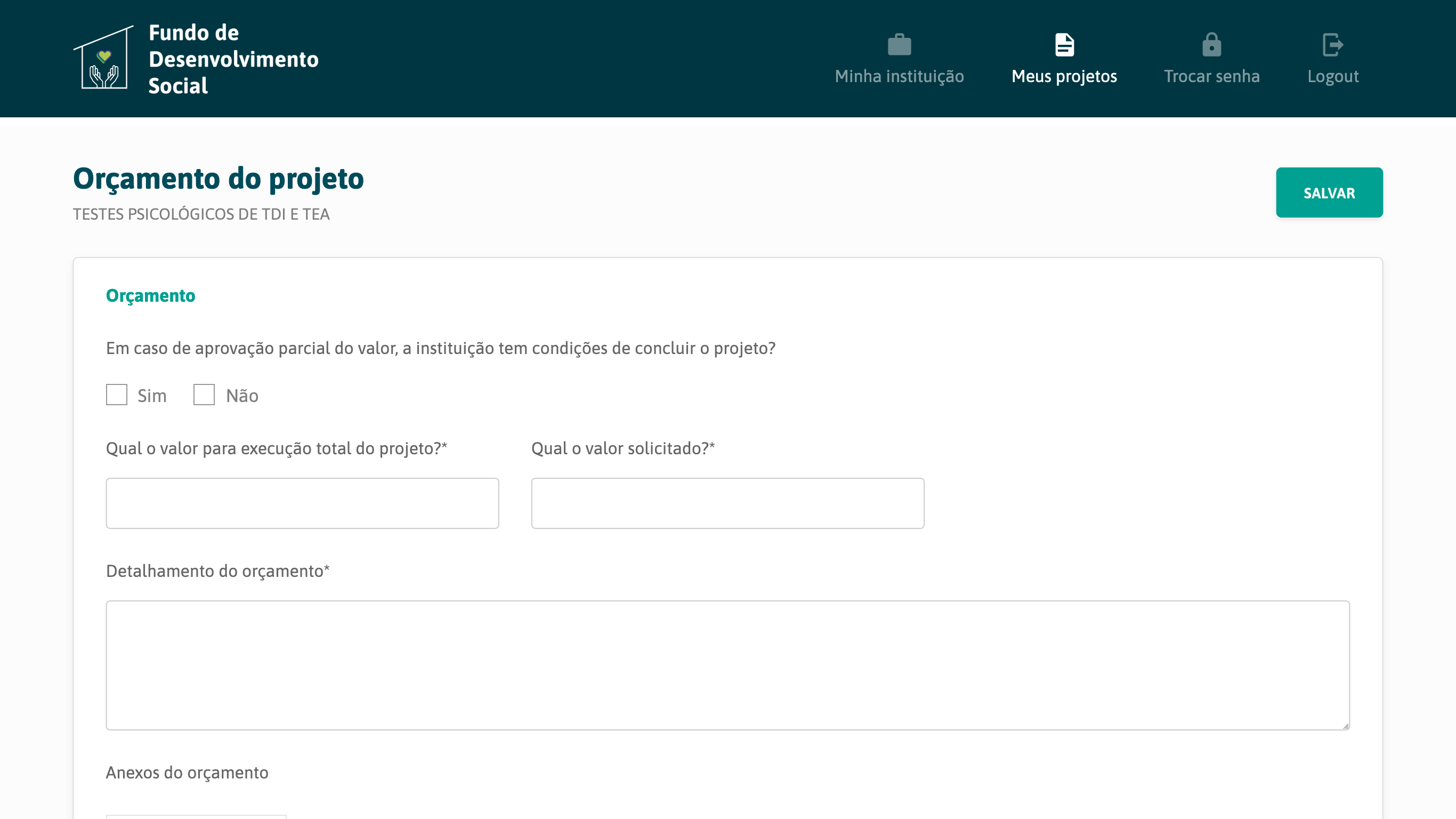 Tela de Orçamento do projeto