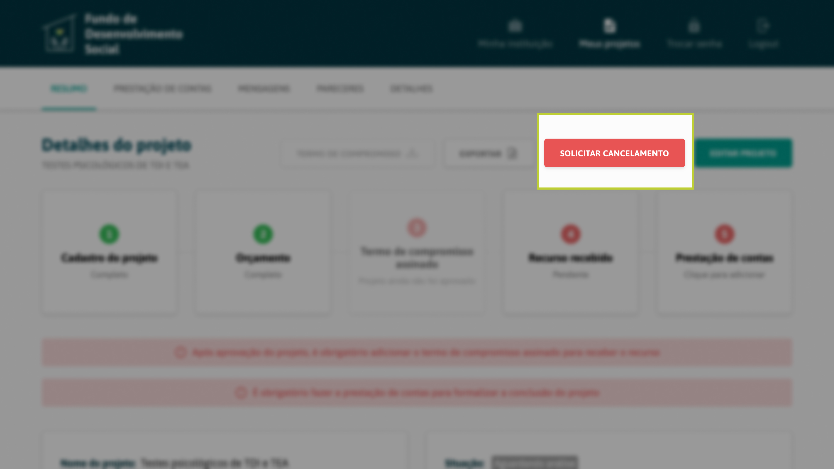 Solicitar cancelamento de um projeto
