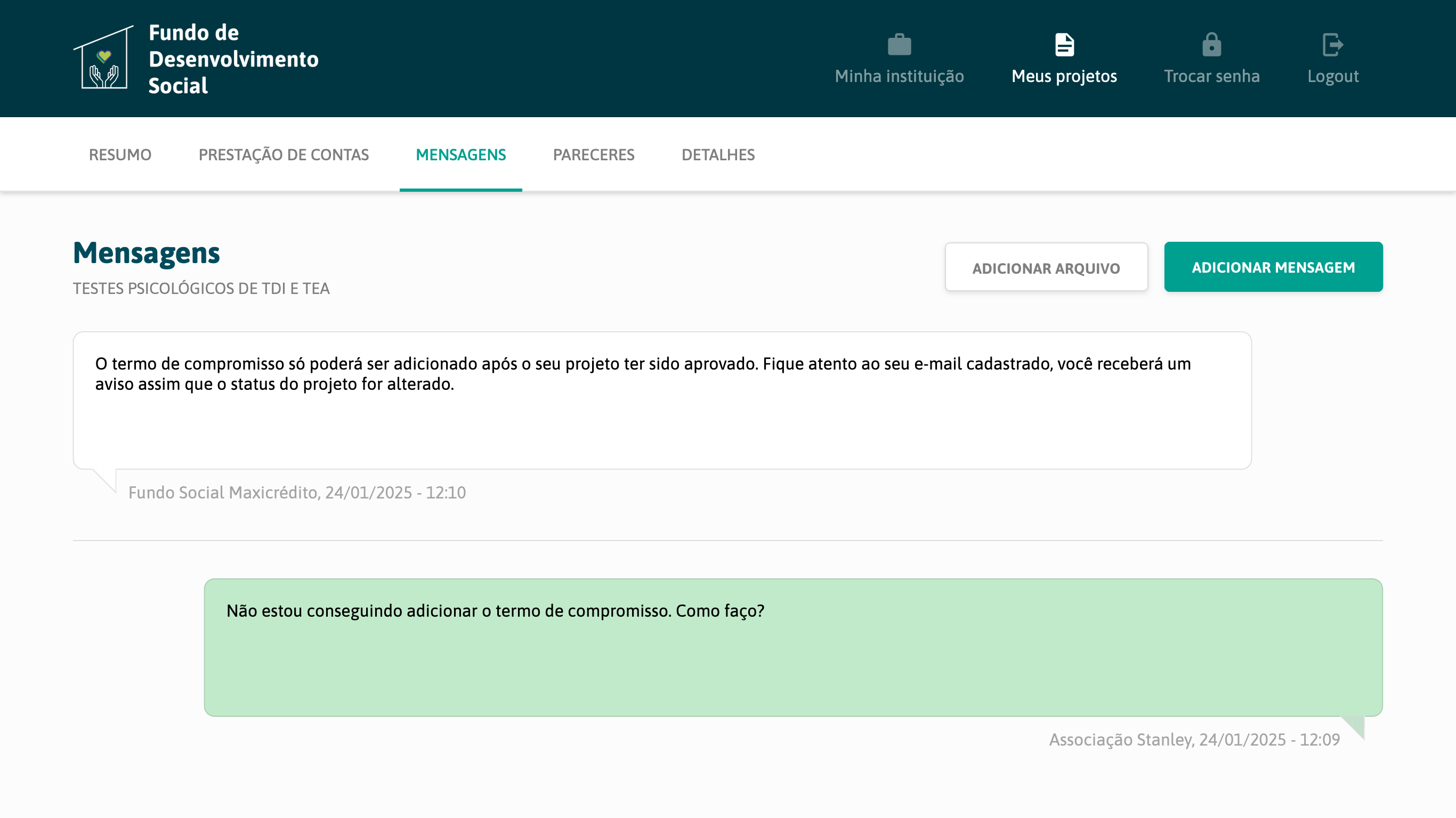 Resposta da cooperativa na tela "Mensagens"