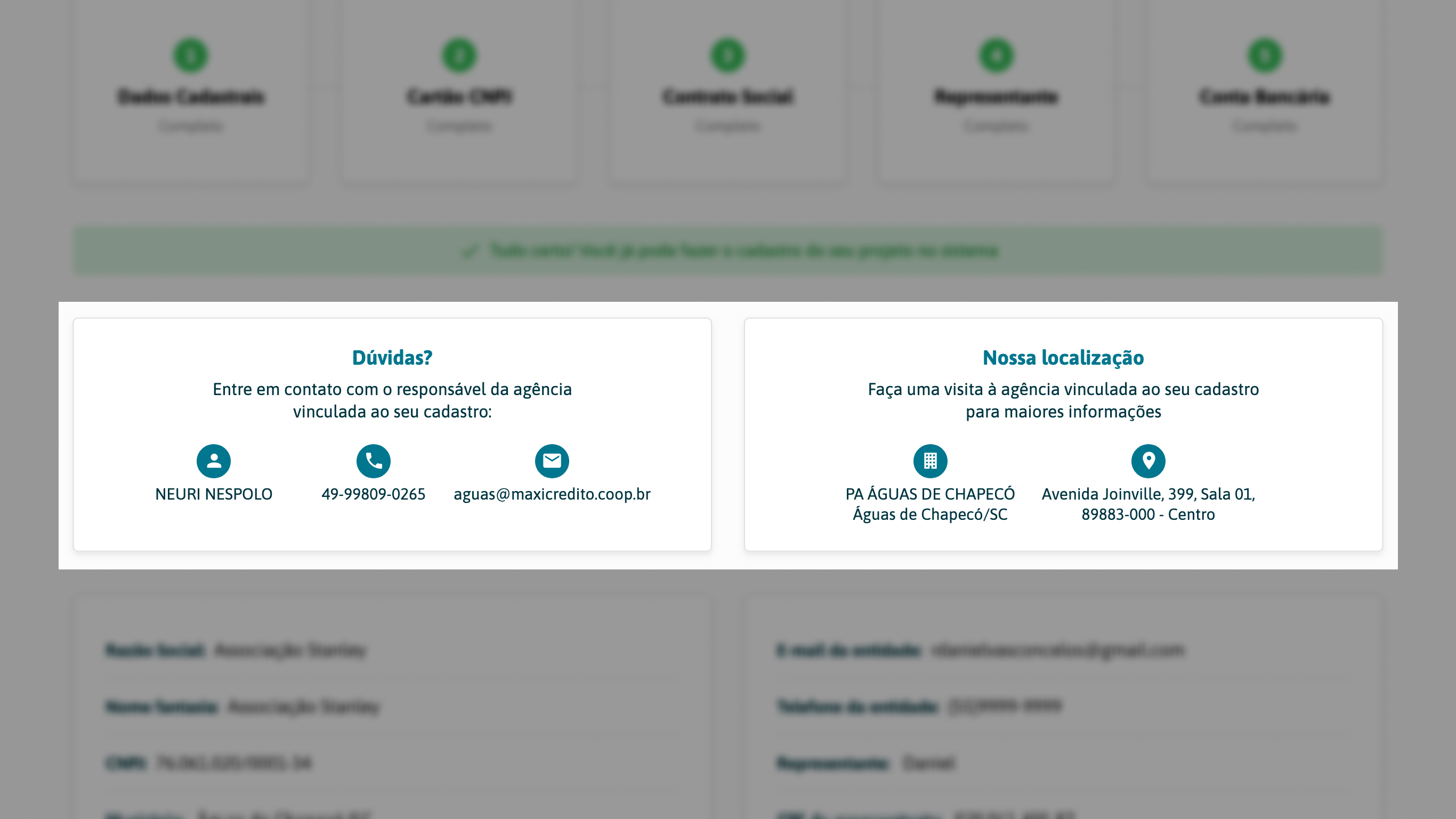 Tela "Minha instituição" com informações de contato e localização de sua agência